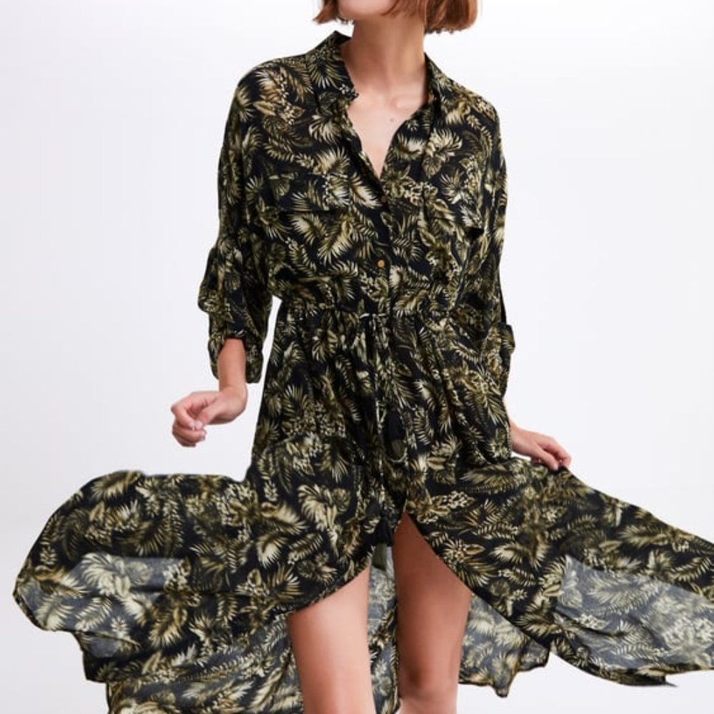 NWOT ZARA KHAKI LONG LEAF PRINT DRESS